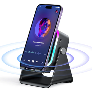 Induction Speaker with Phone Stand 5 in 1 Wireless Induction Bluetooth Audio for iPhone Android Phone Speakers Amplifier with Rechargeable Colorful Light, Birthday Gifts for Men Women Teens (Black)