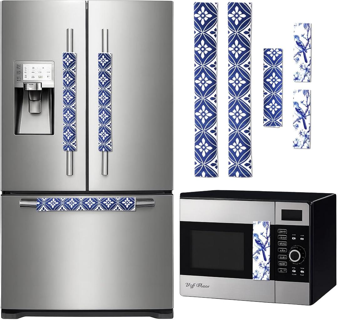 2 x Hahafelt 5 Pcs Chinoserie Refrigerator Door Handle Covers Blue and White Chinoserie Decorations Non-Slip Kitchen Appliance Handle Covers for Fridge Microwave Oven Dishwasher