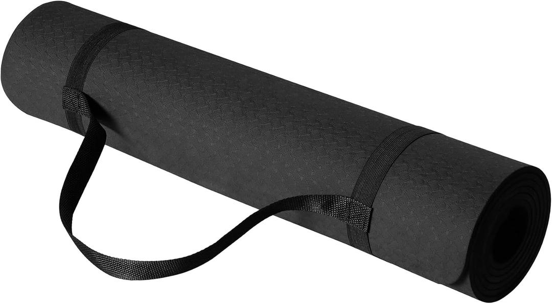 Amazon Basics 1/4 Inch Thick TPE Exercise Yoga Mat with Carrying Strap (Black)