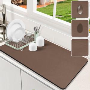 Dish Drying Mat for Kitchen Counter, 17" x 31.5"Dish Drying Pad with Non-slip Rubber Backed, Hide Stain Anti Absorbent for Kitchen Counter, Drying Mat for Coffee Machine Dish Rack (Brown)