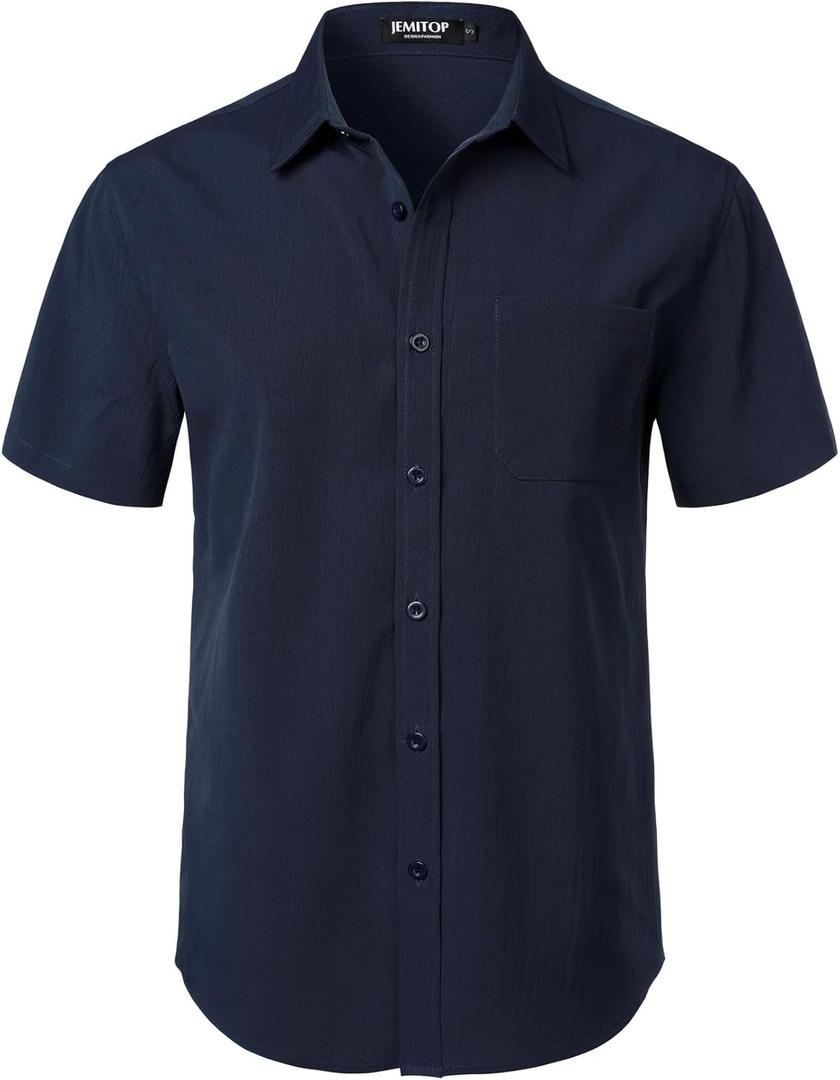 JEMITOP Men's Stretch Wrinkle Free Short Sleeve Texture Shirt Lightweight Summer Button Down Shirts for Beach Vacation (Navy Blue, XL)