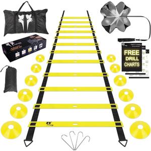 20ft Sports Agility Ladder for Men Women and Kids, Speed Youth Soccer Agility Training Equipment for Football, Exercise, Tennis, Legs Workout with Speed Parachute and Carry Bag (Yellow - 12 Cones)