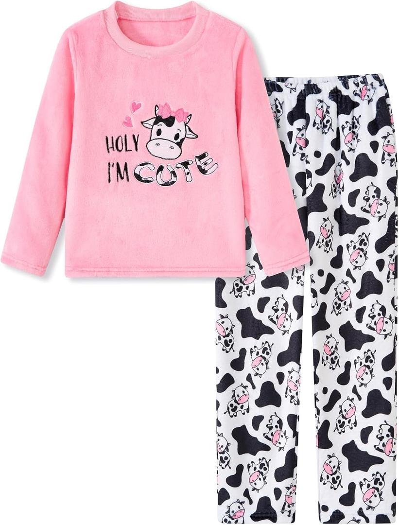 Funnycokid Girls Fleece Pajamas Set Kids Soft Flannel Pjs Pullover Top Pants Loungewear Size 7-14 (Pink)