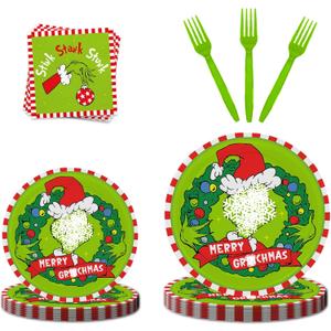 Funny Christmas Party Plates and Napkins Set, 96 Pcs Christmas Dinnerware Set Paper Plates Cocktail Napkins Forks, Green Cartoon Whoville Merch Holiday Birthday Party Supplies, Xmas Tableware Decor