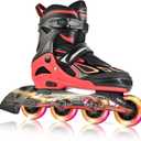 2PM SPORTS Vinal Girls Adjustable Flashing Inline Skates, All Wheels Light Up, Fun Illuminating Skates for Kids Men Adult Women and Boys (X-Large - Adult (9.5W-12W/8.5M-10.5M), Red)