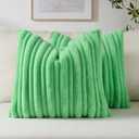 FUTEI Pack of 2 Faux Rabbit Fur Throw Pillow Covers 18x18 Inch Soft Fluffy Thick & Thin Striped Textured Decorative Cushion Case Modern Farmhouse Accent for Couch Bed Living Room, Grass Green
