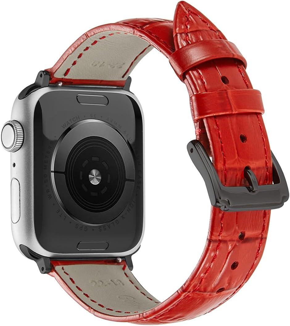 Genuine Leather Strap Compatible With Apple Watch Band 38mm 40mm 41mm 42mm 44mm 45mm 46mm 49mm Women Men, Crocodile Embossed Bands Wristbands Replacement for iWatch Series 10 9 8 7 6 SE 5 4 3 2 1 Ultra (Red-Black Buckle)