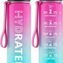 QLUR Water Bottle with Straw, 32oz Motivational Water Bottles with Time Marker to Drink, Tritan BPA Free, 1L Sports Water Bottle with Carry Strap LeakProof for Women Gym Fitness Outdoor (1 Pack) (Purple Green)