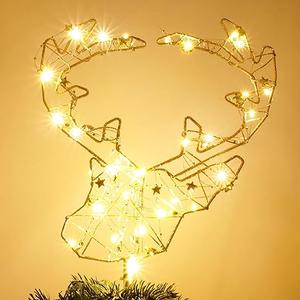 PHITRIC Christmas Tree Topper, 10 Inches Lighted Gold Reindeer Tree Topper, 30 LED Lights Gold Glitter Powder Deer Star Tree Toppers Christmas Decorations, Battery Powered Timer Xmas Treetop Decor