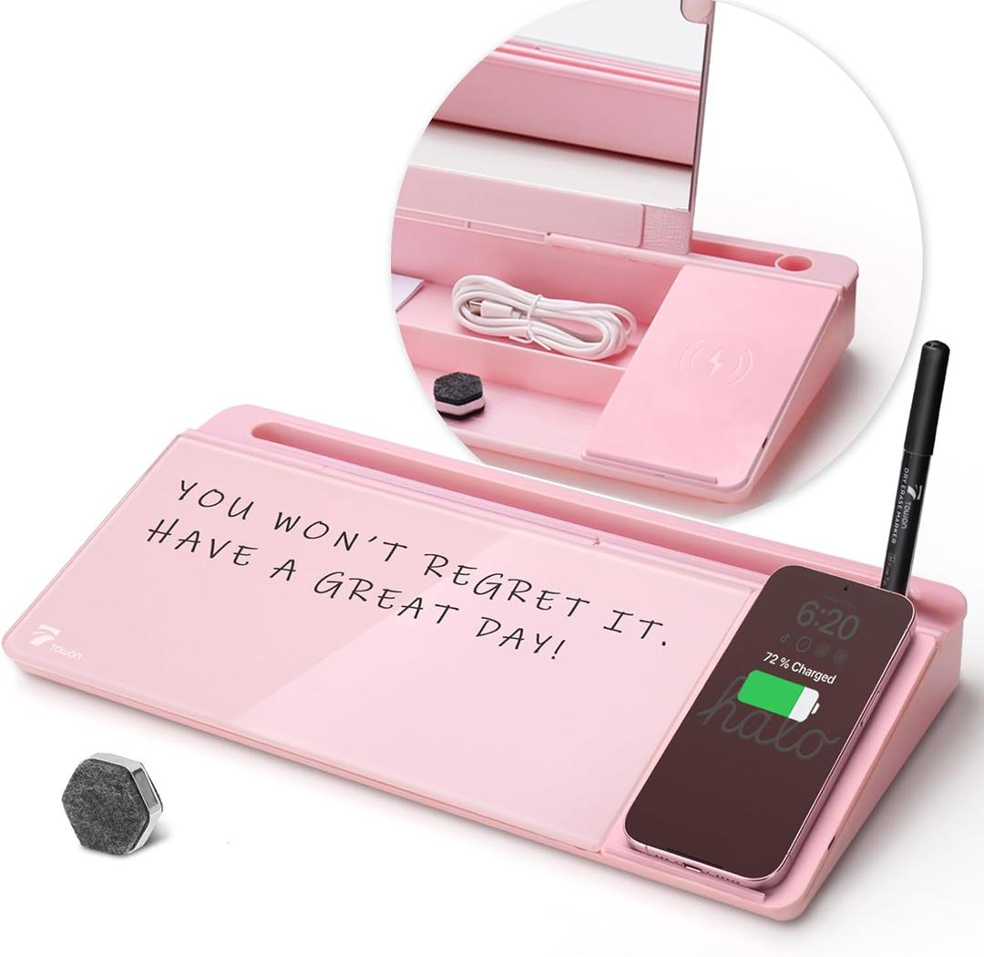 TOWON Desktop Glass Whiteboard with Charger Pad, Small Desk Whiteboard - Glass Dry Erase White Board- Desk Computer Buddy with Storage, Mirror and Charging Station, Pink, 17 x 6 in