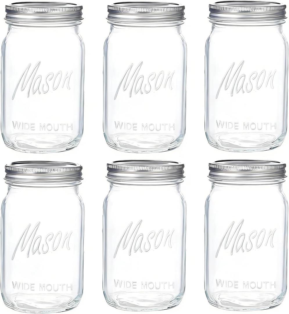 WELLIFE Wide Mouth Mason Jars, 6 Pack Mason Jars 32 oz for Pickling, Canning, Fermenting and Food Storage, Microwave & Dishwasher Safe