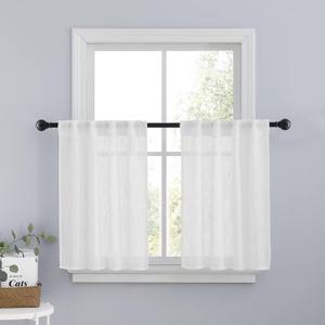 PONY DANCE Cafe Curtains 24 inch Length Set of 2, White Linen Textured Semi Sheer Boho Farmhouse Short Curtains for Small Bathroom RV Basement Country Half Window Tier for Kitchen, 26 inch Wide