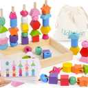 Montessori Toys for 3 Year Old, Stacking Toys for Toddlers, Stacking Blocks, Lacing Beads, Matching Shape Preschool Toys, Montessori Toys for 3 4 5 Year Olds with Canvas Storage Bag