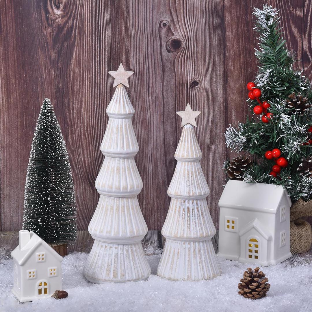 Wooden Christmas Tree Figurines with Removable Star, 2Pcs Distressed White Wood Christmas Trees, Rustic Xmas Centerpieces for Tables, Farmhouse christmas Decor Indoor (WHITE)