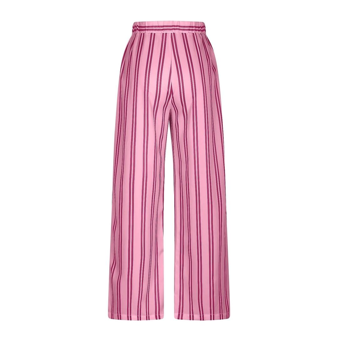 Women's Striped Wide Leg Palazzo Pants Elastic High Waisted Casual Long Trousers with Pockets (Large, Apricot Black)