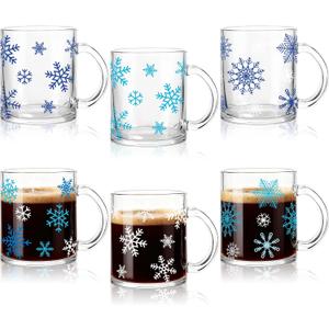 6 Pcs Snowflake Glass Mug Set,12 oz Christmas Coffee Mugs Winter Coffee Cup Glasses Blue and White Snowflake Cups with Handle Xmas Mugs for Home Office Hot Cold Drinks Water Tea Milk Beverage