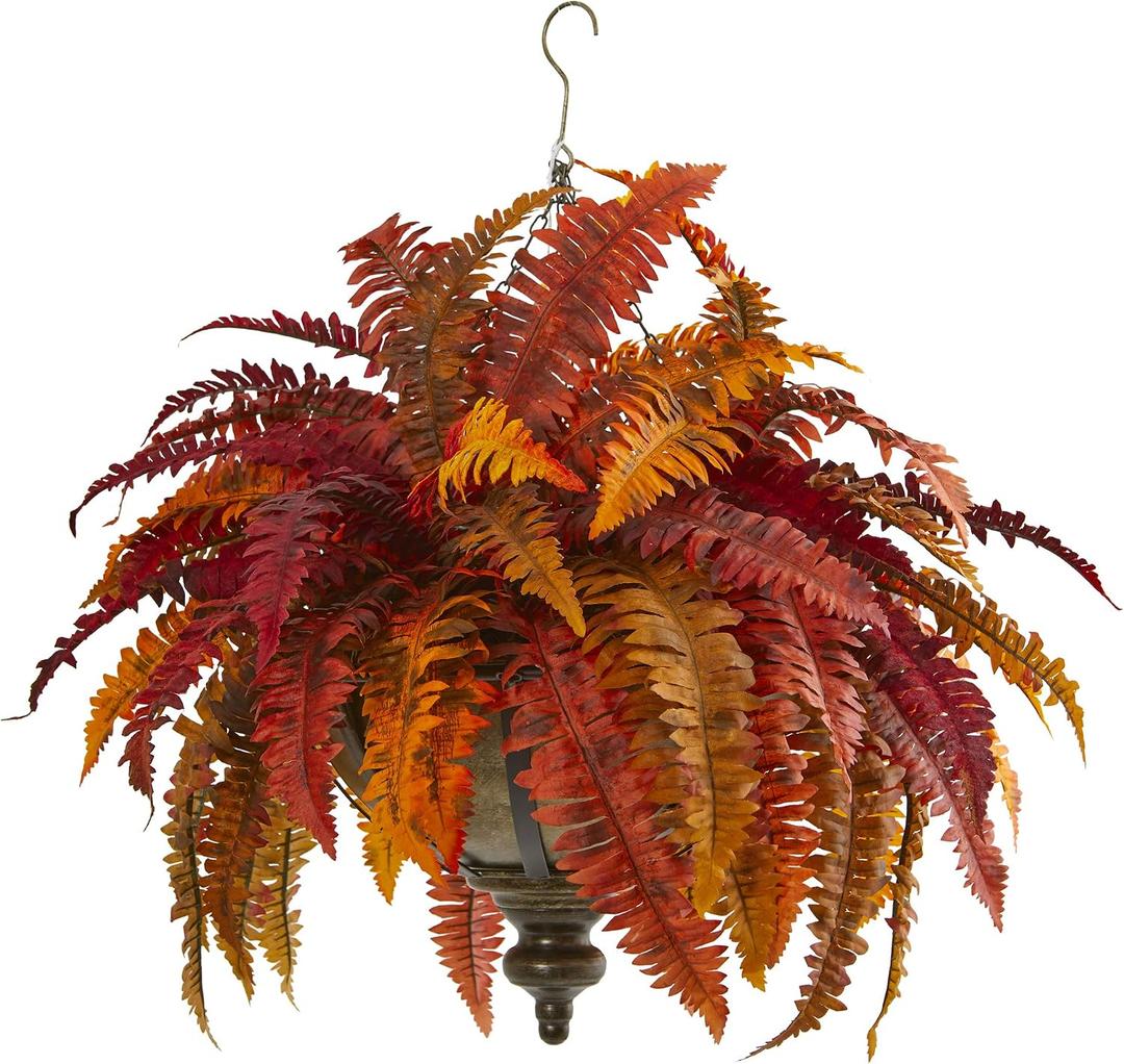 Nearly Natural 28in. Autumn Boston Fern Artificial Plant in Hanging Metal Bowl