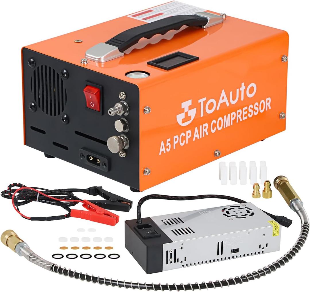 TOAUTO A5 4500Psi 30Mpa PCP Air Compressor,12V DC/110V AC PCP Airgun Compressor with Built-in Fan& Water/Oil-Free& One Button Start, with Adapter HPA Compressor for Paintball/PCP Rifle/Mini Scuba Tank