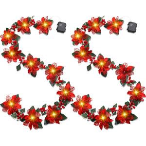 2 Pcs Christmas Glitter Artificial Poinsettia Garland 6.5 ft 10 LEDs Faux Flower Xmas String Lights Poinsettia Garland with Lights Gold Berries Holly Leaves for Indoor Outdoor Decor (Red)