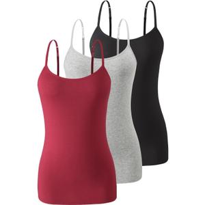 Air Curvey 3 Pack Camisole Tops for Women Built in Bra Adjustable Strap Soft Cotton Undershirt Tanks Seamless Layering Tops (XX-Large, Black Gray Wine Red)
