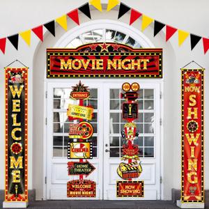 ShinyRelief 14 Pcs Movie Night Decorations Set Welcome Now Showing Door Banners Movie Theme Directional Signs for Home Film Red Carpet Event Awards Night Background Ceremony Party Supplies