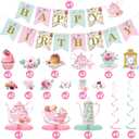 Zonon 40 Pcs Tea Party Decorations Set, Happy Birthday Banner with Cupcake Toppers, Table Centerpieces, Hanging Swirls, Floral Tea Party Supplies for Women, Girls, Princess, Baby Shower, Mothers Day
