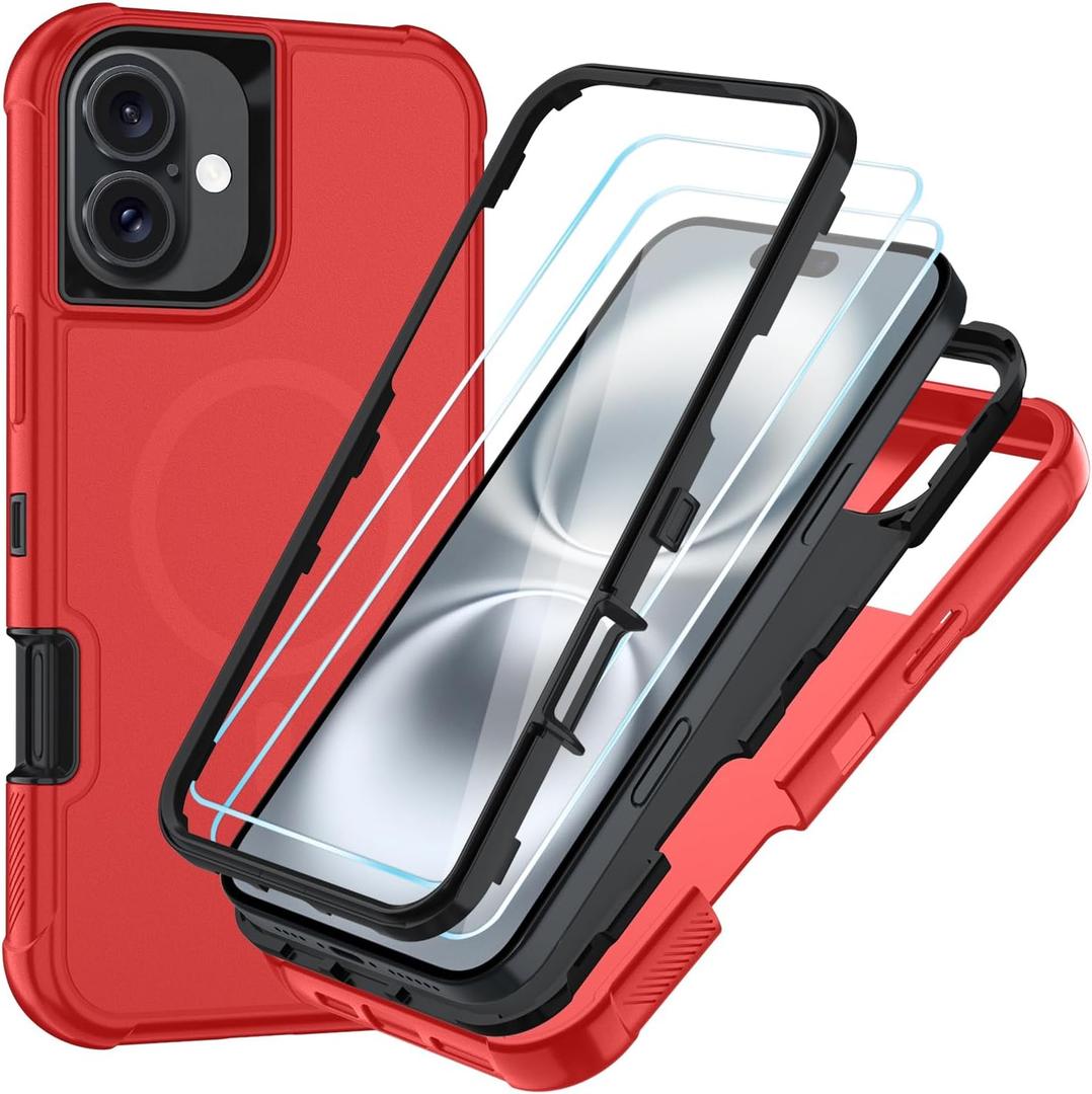 SunStory Magnetic for iPhone 16 Case with HD Screen Protector, Compatible with MagSafe, 3-Layer Heavy Duty Full-Body Cover, 3 in 1 Hybrid Protective Case for iPhone 16 6.1",Red