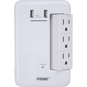 Prime PBRUSB346S 6-Outlet Wall Tap with 1,200-Joule Surge Protection and Dual USB Charger