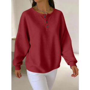 Waffle Knit Henley Top Loose Fit Long Sleeve Casual Blouse for Women Everyday Wear Red, Size L