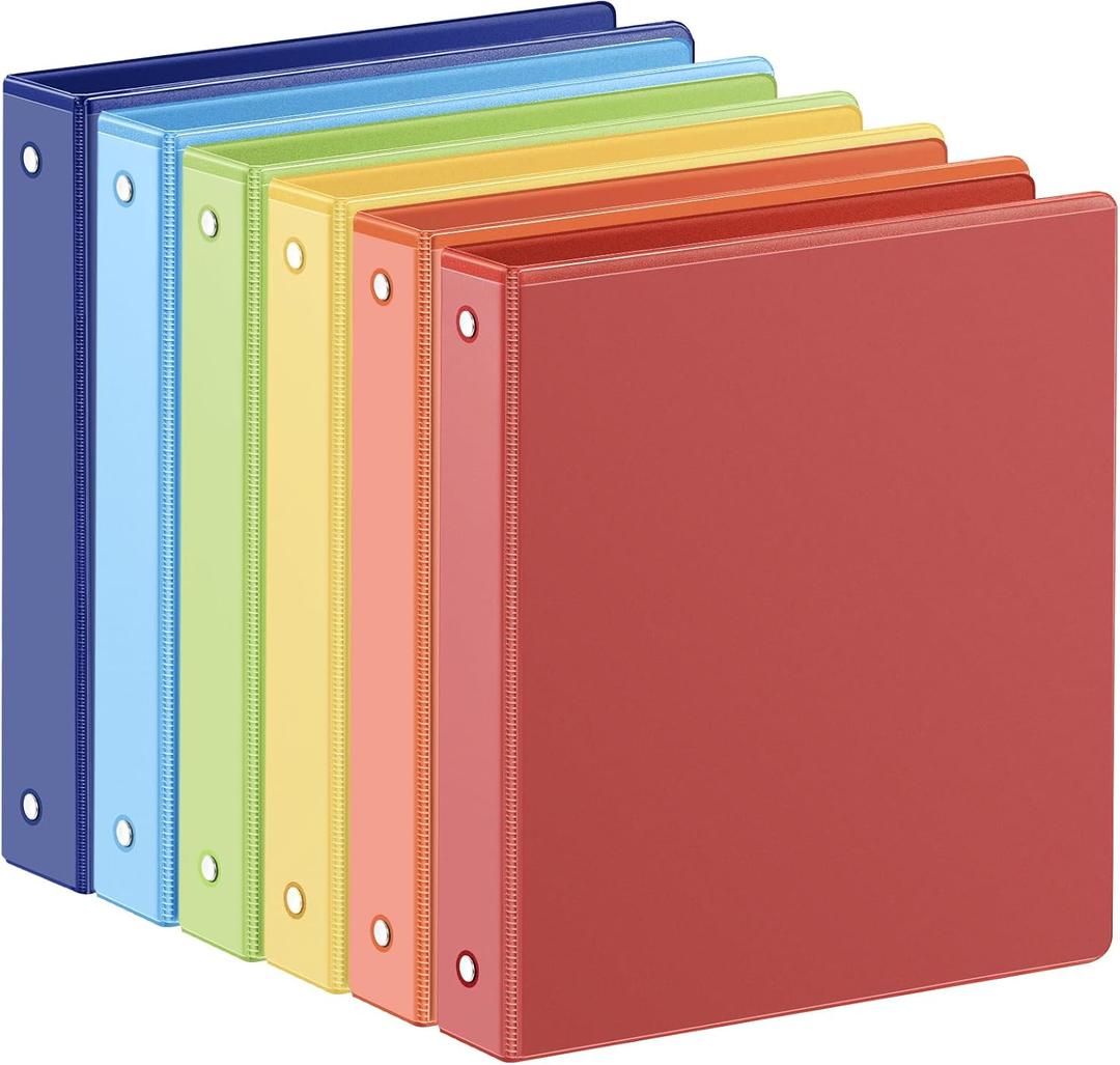 SUIN 1-inch 3 Ring Binder with 2 Interior Pockets, 1''Durable Binders Holds US Letter Size 8.5'' x 11'' Paper - Versatile Binders for Office, Home, and School Use, 6 Pack, Assorted Rainbow Colors