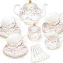 fanquare 21-Piece Gold Vine Floral Porcelain Tea Sets with Sugar Bowl Creamer Teacups, English Bone China Tea Service for Women TeaParty Family Gathering Home Dcor