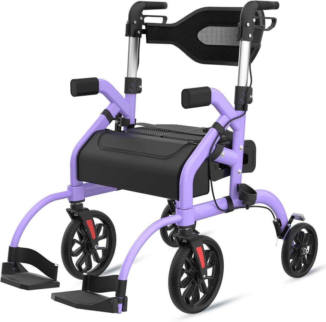 Walkers for Seniors, 2 in 1 Rollator Walker with Seat, 10" Front & 8" Rear Big Wheels, Walker Wheelchair Combo, Foldable Transport Chair, Adjustable Handles Height, 310 Lbs Capacity, Purple