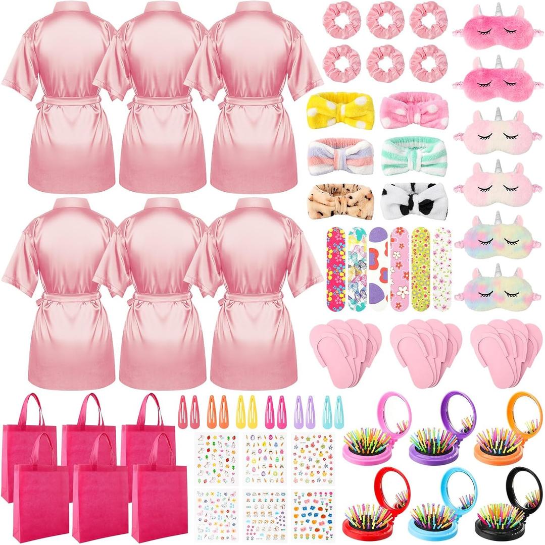 60 PCS Spa Party Favors for Girls Sleepover Party Supplies Robes Spa Headband Slippers Nail Files Decals Hair Comb for Girl, (Pink,10)