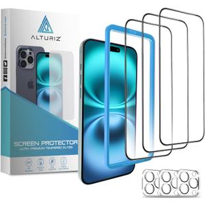 ALTURIZ 3 Screen Protectors for iPhone 15 Pro Max [6.7 inch] + 3 Camera Lens Protectors with Easy Installation Frame. [9H Hardness] Bubble-Free, Case Friendly, Tempered Glass, Full Coverage, Shatterproof [3+3 Pack]
