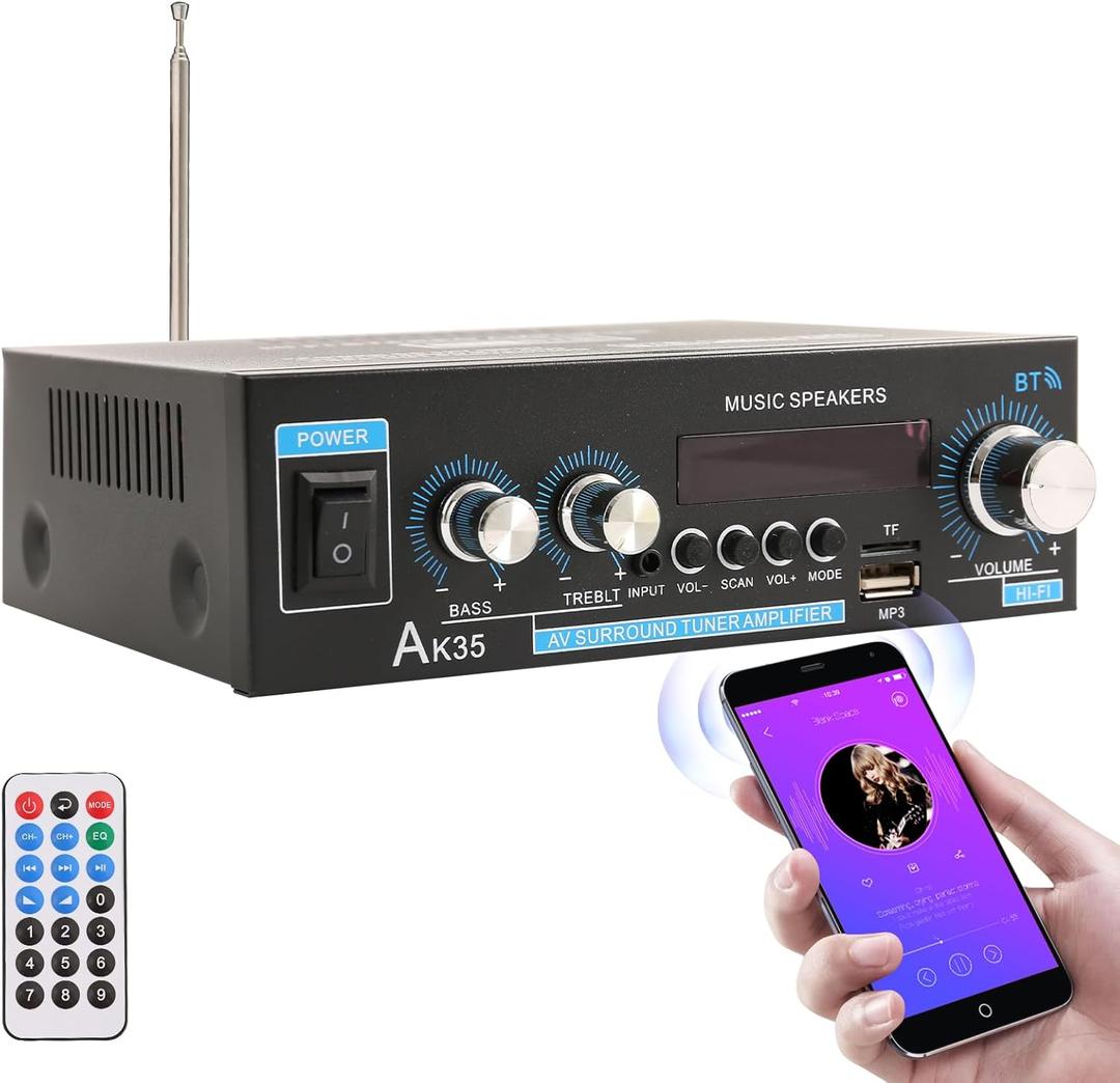AK35 Home Audio Amplifier Receiver-2 Channel 200W2 Stereo Amplifier, Bluetooth 5.0 Speaker Amp, Supports FM Radio/USB/SD Card Playback, Includes Remote Control; Home Theater Stereo Audio Component