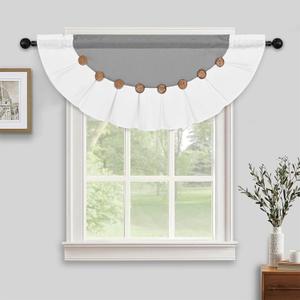 FRAMICS Farmhouse Valance Curtains, Boho Cotton Linen Kitchen Valance, Grey Rustic Button Window Valances for Bathroom Bedroom, Country Rod Pocket Valances, Semi-Circular, Grey, 52 x 18 Inch (Grey and White)