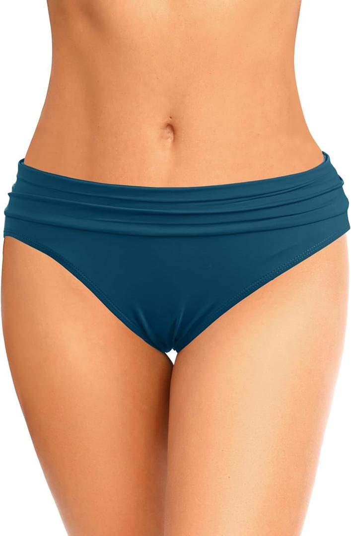 Zmart Women's Ruched Bikini Bottoms, Scrunch Full Coverage Fold Over Mid Rise Waisted Swimsuits, Tummy Control Ruffle Bathing Suits Swim Bottoms for Women Teal, Small