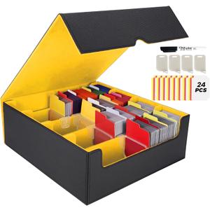 SMILESSKIDDO Card Storage Box for Trading Cards, 3000+ Mtg Deck Box With 24 Dividers, 4 Card Supporters, 1 Marker Pen, 4 Rows Mtg Card Storage Fits for Magic Game, TCG, Sport Cards(Black Gold)