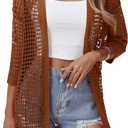 Zeagoo Women's 2025 Summer Crochet Lightweight Cardigan Short Sleeve Boho Kimono Oversized Open Front Sweater Tops (Large, Caramel)