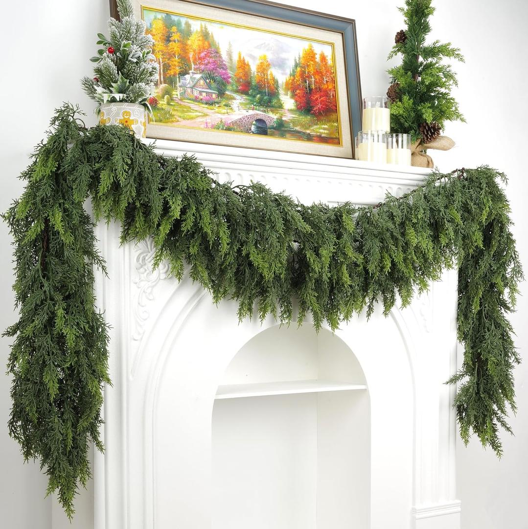 Artificial Cedar Garland, Realistic Green Pine Garland for Indoor & Outdoor Christmas Decorations, Lifelike Cedar Greenery for Mantle, Table, Staircase, and Wall (9FT(2 PCS))