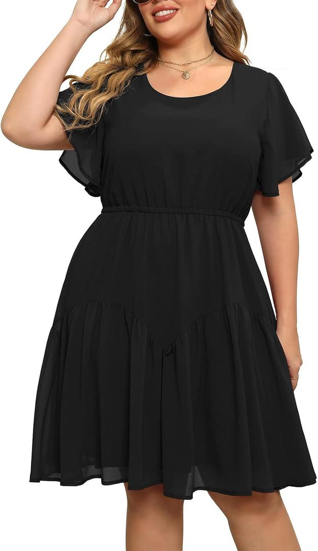 Nemidor Plus Size Summer Dresses for Curvy Women Casual Boho Midi Chiffon Print Floral Dress with Ruffle Sleeve (Black, 20)
