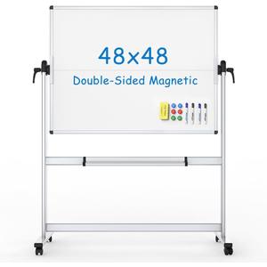 VIZ-PRO Double-Sided Mobile Whiteboard, 48 x 48 Inches, Magnetic Rolling Dry Erase White Board on Wheels with Aluminium Frame and Stand 4' x 4'