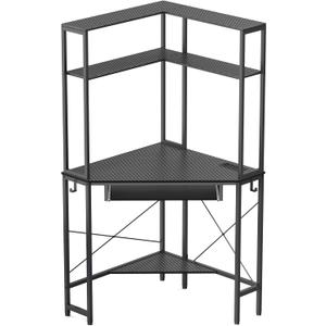 Corner Desk with Hutch and LED Lights, Corner Computer Desk with Keyboard Tray and Monitor Stand, Small Computer Desk for Small Spaces, Home OfficeCarbon Black