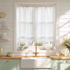 Sutuo Home Ivory Boho Curtain 52W x 36L inch White Striped Light Filtering Short Valance Tier, 1 Panel Embroidery Bohemian Farmhouse Country Kitchen Window Treatment Decor for Small Closet
