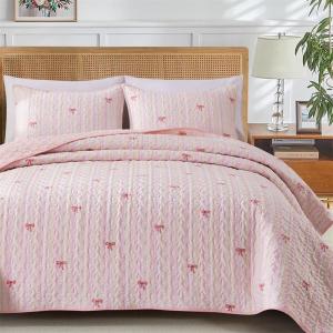 NTBED 3pcs Rainbow Quilt Set Queen for Girls Kids Bow Stripe Bedspread | Soft Lightweight Boho Coverlet Set Bed Cover with 2 Pillow Shams, Pink