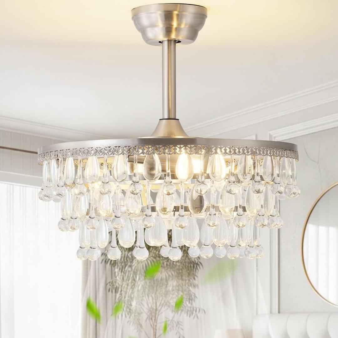 Mid Century Crystal Fandelier Ceiling Fan with Light, 20” Silver Crystal Ceiling Fans with Lights, Remote Control Caged with 6 Speeds for Bedroom, Living Room