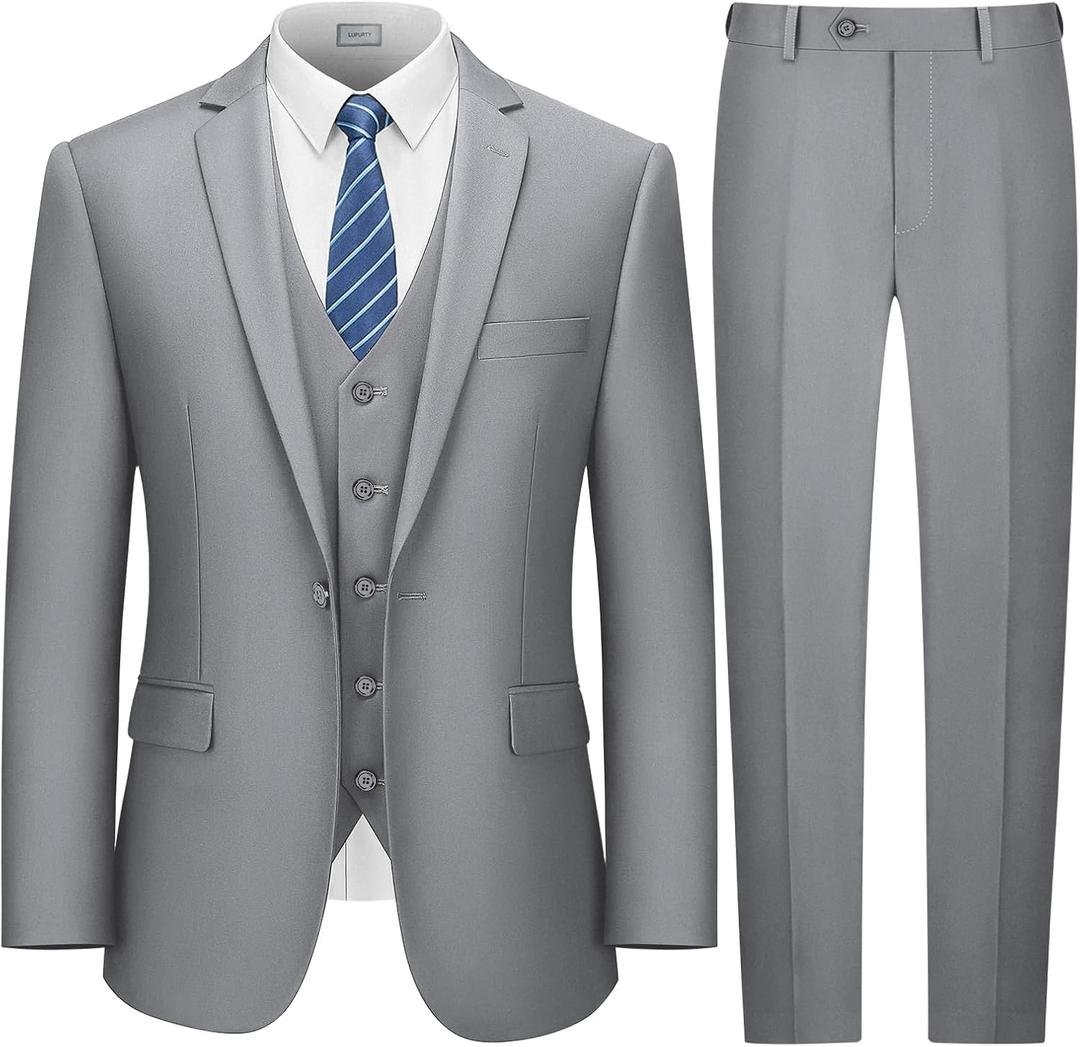 LUPURTY Suits for Men, 3 Piece Men's Suit Slim Fit, Solid Jacket Vest Pants with Tie, One Button Tuxedo Set (Medium, Light Grey)