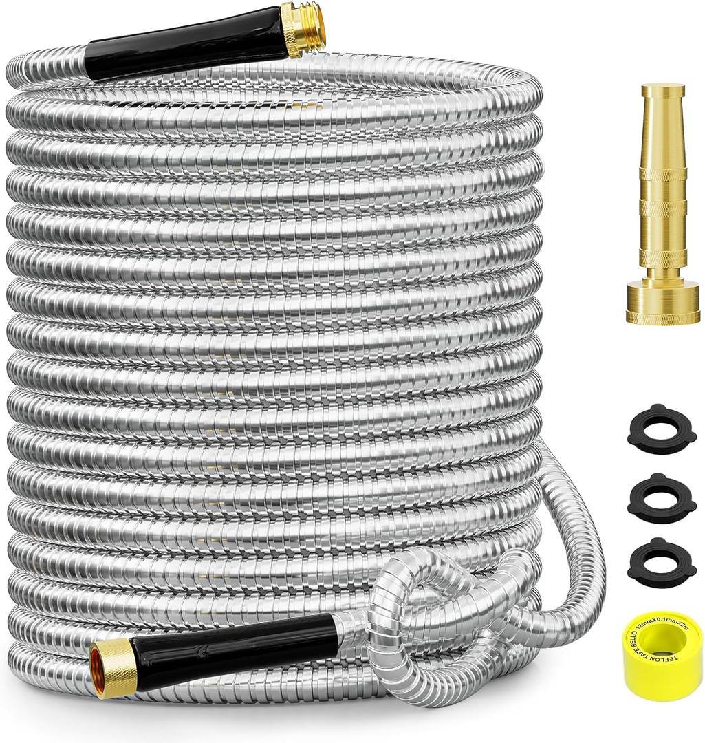 SPECILITE 125 FT Garden Hose, 304 Stainless Steel Metal Heavy Duty Flexible Water Pipe, Kink Free, Durable, Lightweight for Yard, Outdoor with Rubber Grip