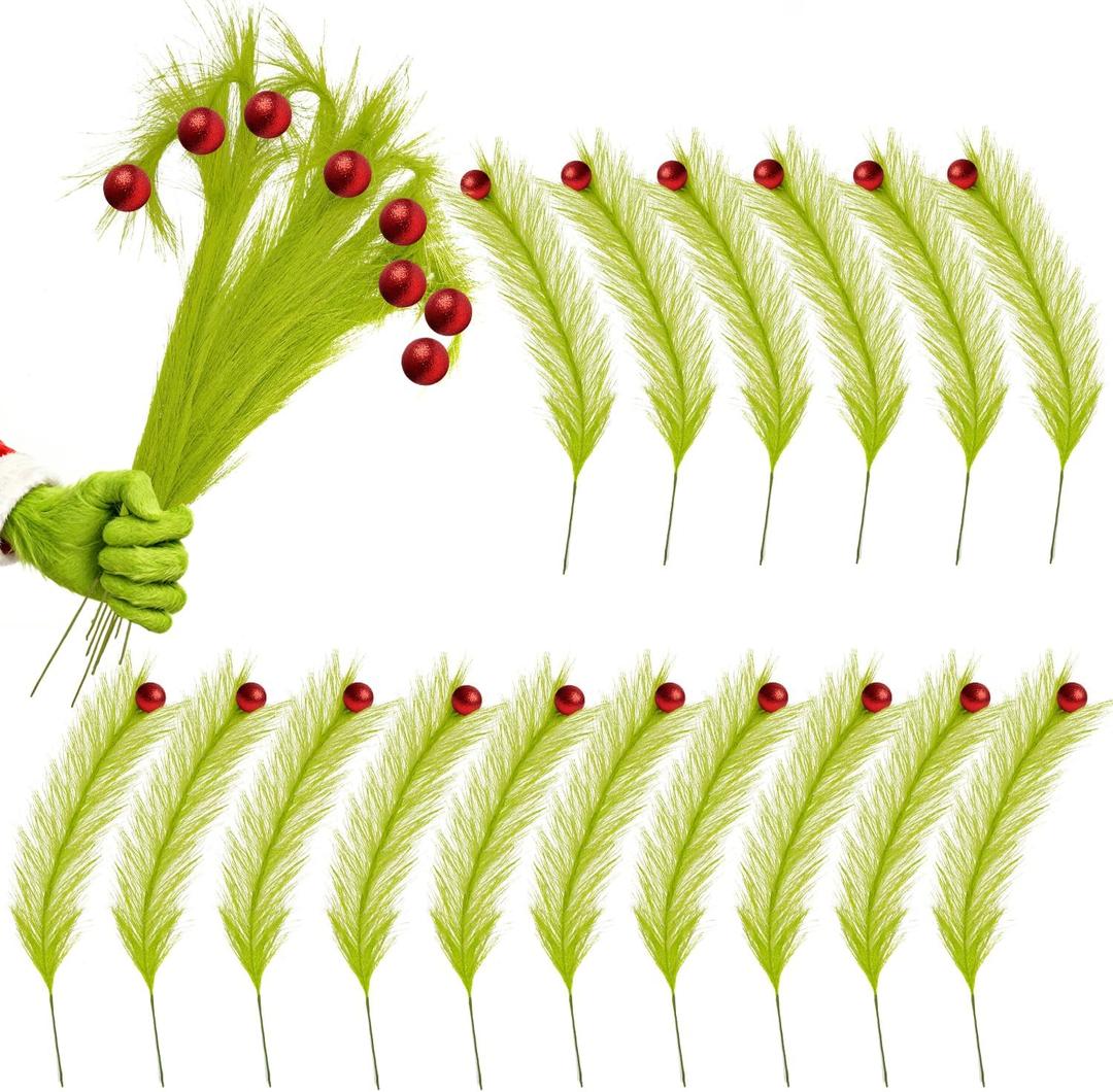 2 x Artmag 16 Pcs Christmas Tree Topper, 17 Inch Red Green Artificial Green Stems Tree Picks Ornaments with Red Ball for Christmas Holiday Fireplace Wreath Decorations