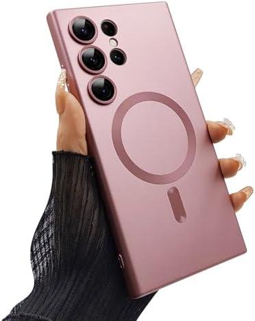 ankofave Magnetic for Samsung Galaxy S23 Ultra Phone Case for Women/Men, Matte Luxury Soft Metallic Luster Design with Camera Lens Protector, Shockproof Anti-Scratch Phone Case 6.8"-Pink